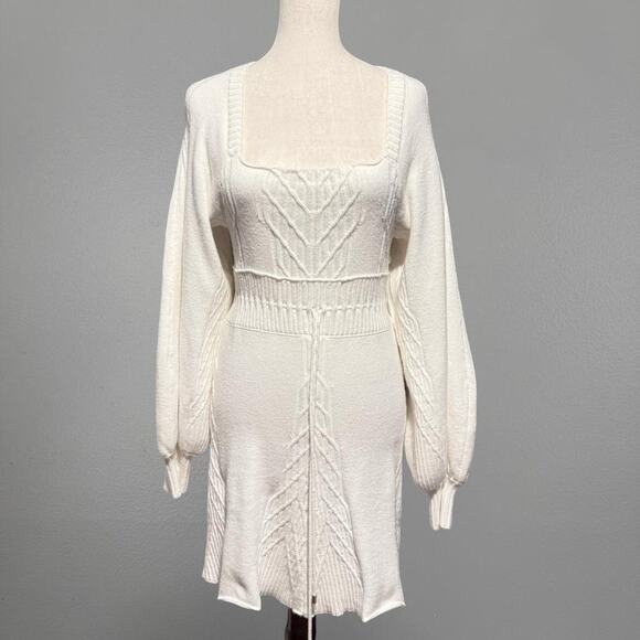 Free People Emmaline White Sweater Cable Knit Dress with Balloon Sleeves - Picture 4 of 4